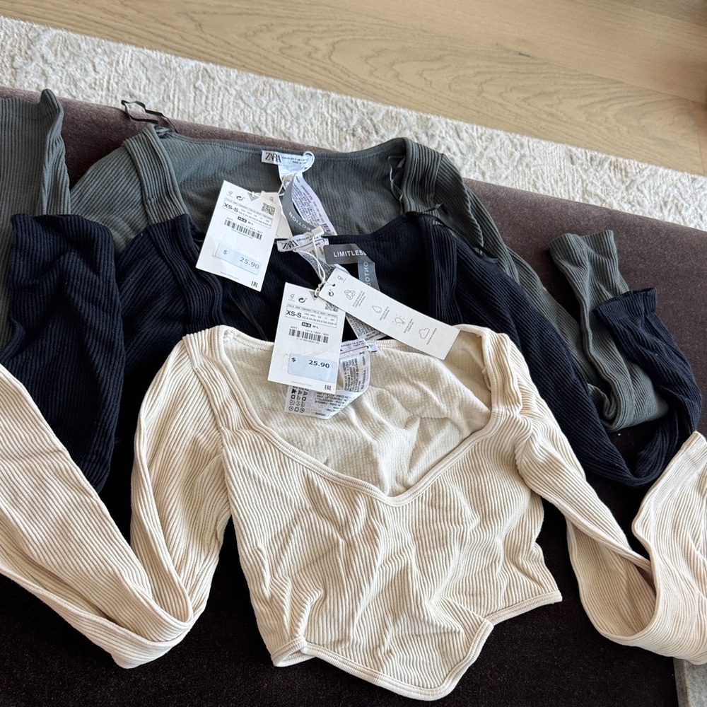 Zara Ribbed Long Sleeve Tops - Black, Green, Beige